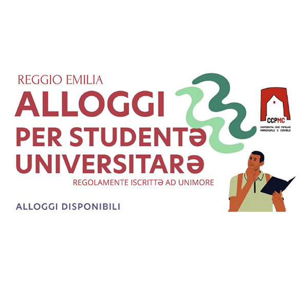 scritta "Reggio Emilia alloggi per studenti universitari" con logo CCPMC e studente disegnato