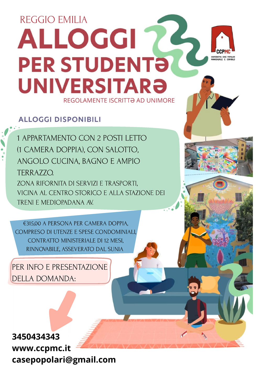 sulla sinistra descrizione testuale degli alloggi, sulla destra studenti disegnati e foto dell'esterno dell'alloggio