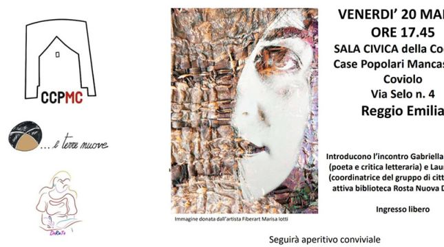 sulla sinistra loghi delle associazioni organizzatrici dell'evento, al centro opera dell'artista Marisa Iotti (Fiberart), a destra descrizione dell'evento