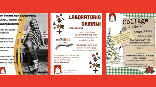 locandine pubblicitarie di 3 laboratori manuali che si tengono presso CCPMC